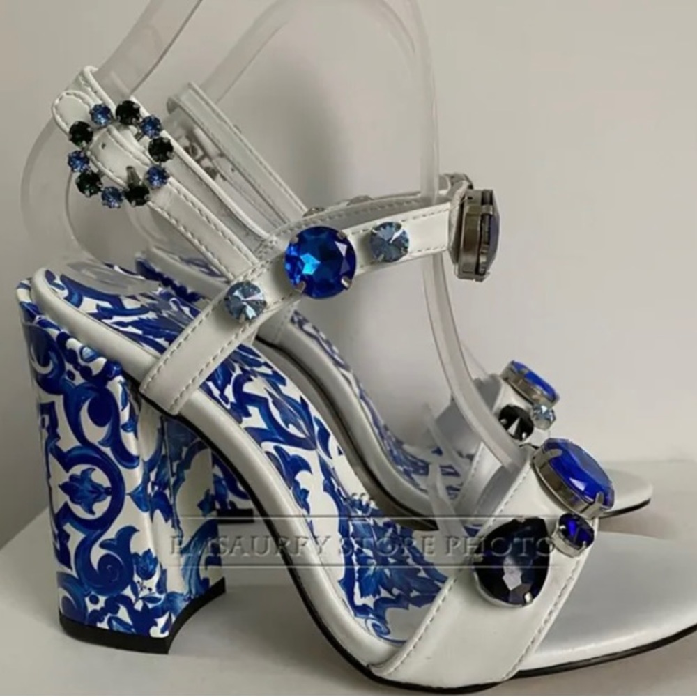 Luxury look D&G style Majolica print blue and white rhinestone crystal heels!